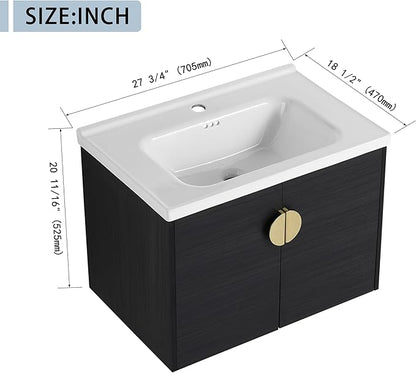 28 Inch Floating Vanity,28" Bathroom Vanity with Sink,Single Sink Wall Mounted Vanity Combo,Modern Wall Mounted Cabinet Set with Ceramic Sink,Black