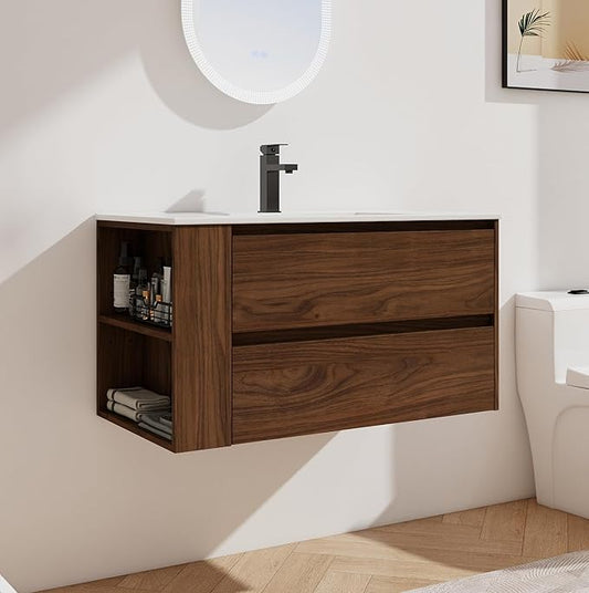 Henf 36inch Wall Mounted Bathroom Vanity with Ceramic Sink, Modern Floating Wood Bathroom Vanity Cabinet with 2 Soft Close Drawers & Open Storage Shelf, Bathroom Sink Vanity with Sink Combo Set,Brown