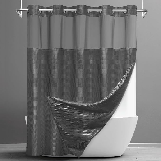SORTTO No Hook Shower Curtain with Snap in Liner Set Waffle Shower Curtain for Bathroom Hotel Style Fabric Waterproof Inner Liner，71" W x 74" H, Dark Grey
