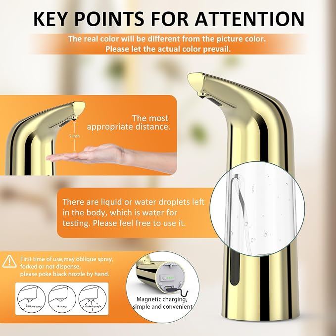 Automatic Liquid Soap Dispenser, 4-Level,Rechargeable | Plastic,13.5oz/400ml Gold Touchless Electric Hand & Dish Countertop Soap Dispensers with Sensor for Bathroom,Kitchen Sink
