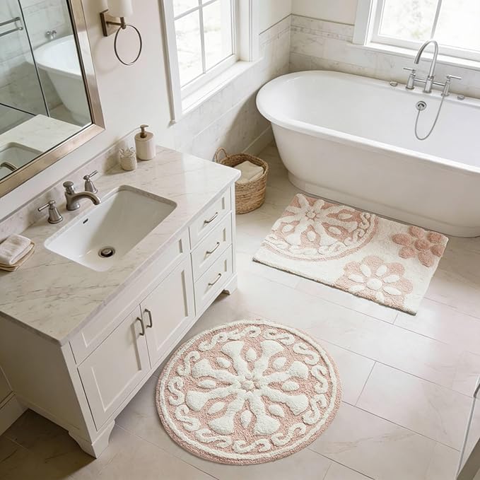 Madison Park Casablanca 100% Cotton Tufted Bathroom Rugs Luxurious Plush Medallion Floral Pattern Bath Mat Absorbent, Quick Dry, Spa Design Shower Room Décor, Round 25", Pink
