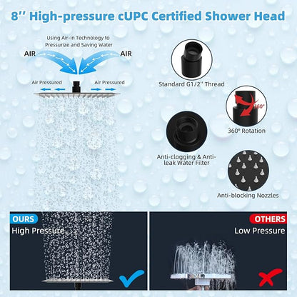 Hibbent All Metal CUPC Certified 8'' Rainfall Shower Head, Dual Shower Head Combo, High Pressure Handheld 4 Sprays Shower Wand, 16'' Adjustable Extension Arm, 71'' Hose, Shower Holder, Matte Black