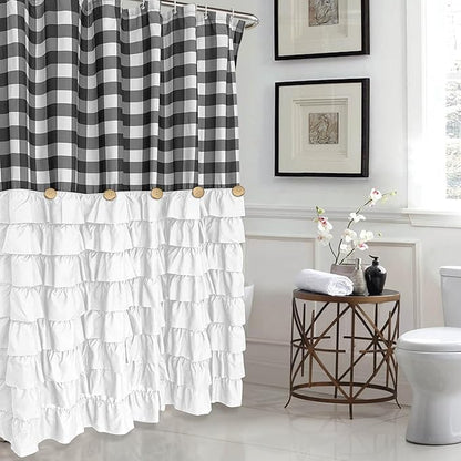 Seasonwood Grey Farmhouse Shower Curtain Extra Long 84 Inch Gray and White Buffalo Plaid Pattern Fabric 72"x84" Shower Curtains with Buttons & White Ruffles for Bathroom Long Shower Curtain 84 Length