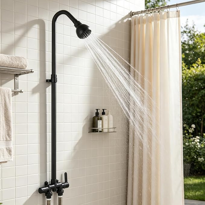 Outdoor Shower Kit with Matte Black Stainless Steel Rain Shower Head and Double-handle Straight-blade Handwheel,3 Inch Center Brass Outdoor Shower Fixtures
