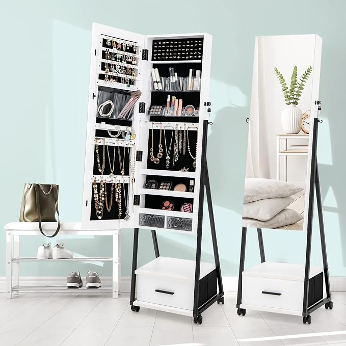 COSTWAY Jewellery Cabinet with Mirror, Jewellery Mirror Cabinet with Drawer, on Wheels, Lockable, Freestanding, 42 x 38 x 157 cm (White)