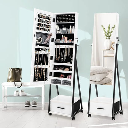 COSTWAY Jewellery Cabinet with Mirror, Jewellery Mirror Cabinet with Drawer, on Wheels, Lockable, Freestanding, 42 x 38 x 157 cm (White)