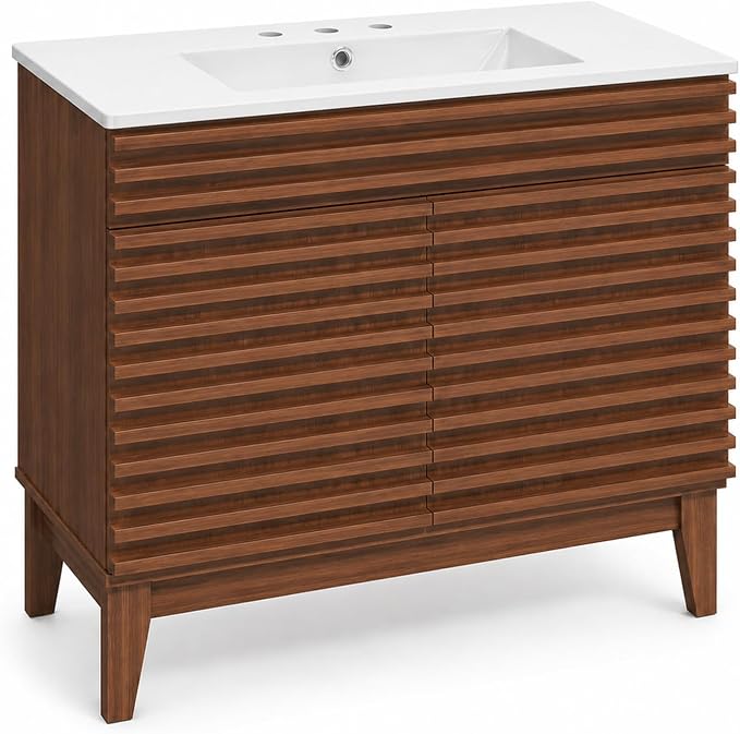 36 Inch Bathroom Vanity with Sink, Walnut Fluted Freestanding Bathroom Vanity Cabinet with Ceramic Sink Top, Solid Wood Legs, Soft Close Double Doors and Modern Storage Cabinet