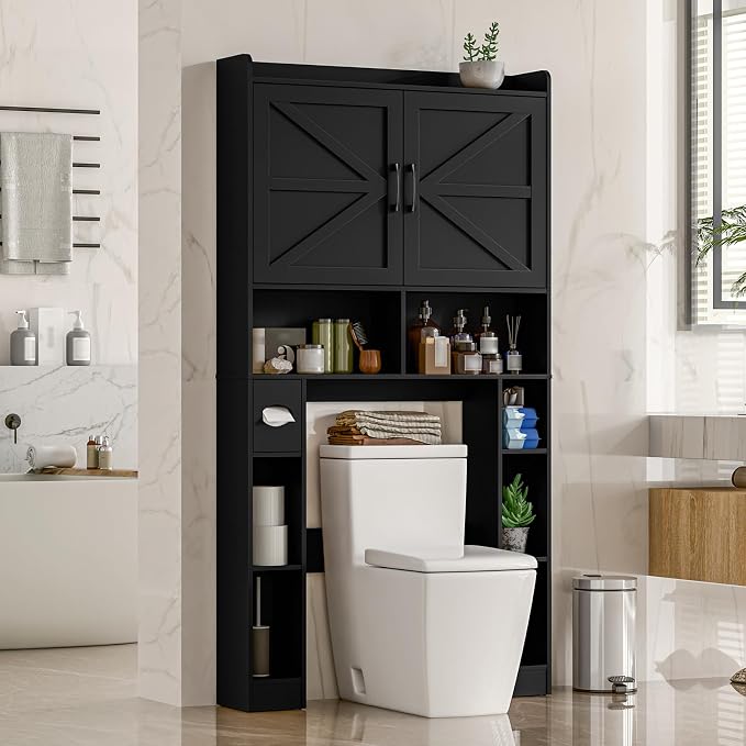 Vabches Over The Toilet Storage Cabinet with Barn Doors, Pure Black | Toilet Cabinet Rack, Space Saving Bathroom Organizer with Shelves, Toilet Paper Holder and Towel Rack for Bathroom,Laundry.