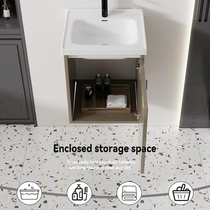 16'' Bathroom Vanity with Ceramic Sink Combo, Wall Mounted Small Bathroom Vanity with Soft-Close Door Modern Floating Cabinet, Pop-up Drain, P-Trap Included, BrownWalnut(No Faucet)