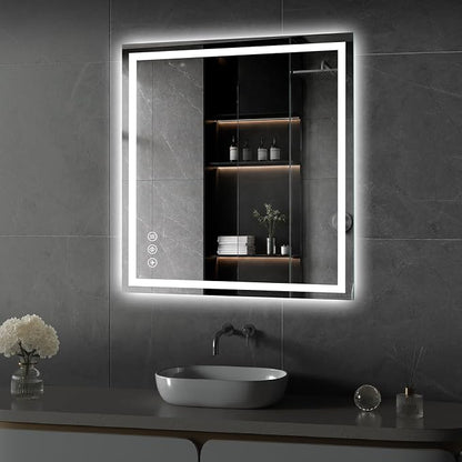 Koonmi 36x28 LED Bathroom Mirror with Light, Anti-Fog, 3 Colors | Backlit + Front Lit, Dimmable Brightness, Shatterproof HD Distortion-Free Tempered Glass, Hardware Included