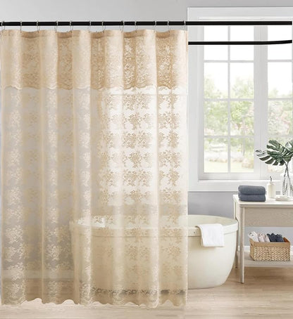 Beige Shower Curtain 72x72, Cottage Core Lace with Attached Valance | Cottage Core Shower Curtain with Scalloped, Floral lace Details, Soft Light, Antique Vintage and Boho Bathroom Decor