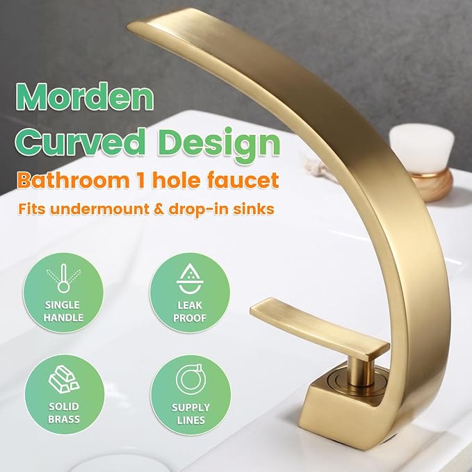 Brushed Gold Single Hole Bathroom Faucet with Deck Plate，for 1 or 3 Hole Sink Installation, Solid Brass Single Handle Vanity Faucet for RV, Farmhouse, Commercial