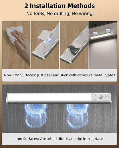 EZVALO 10inch Under Cabinet Lighting, 2500mAh Rechargeable Motion Sensor Lights Indoor with 3 Color Temps, 2 Pack Magnetic Closet Light, 80 LED Dimmable Under Counter Lights for Kitchen, Shelf, Stair