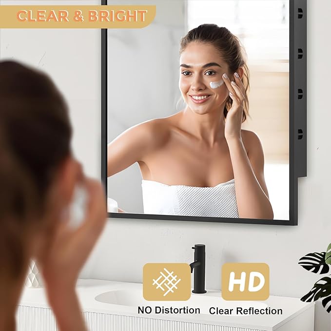 Recessed Medicine Cabinet with Mirror 16x24 inch, Mirrored Medicine Cabinets for Bathroom, Black Bathroom Mirror with Storage, Metal Medicine Cabinet with Mirror, 2 Adjustable Metal Shelves