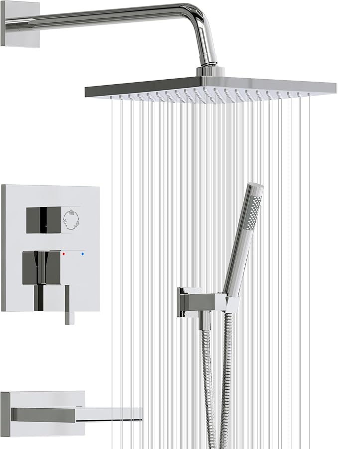 Esnbia Bathtub Shower Faucet Set, Rain Shower System with Tub Spout, 10 Inches Shower Heads with Handheld Spray Combo, Wall Mounted Shower Fixtures with Shower Valve kit, Chrome