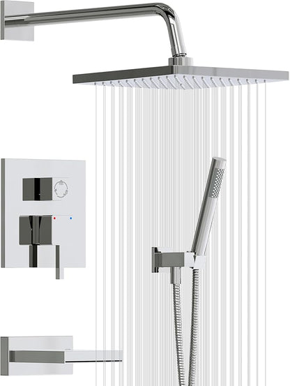 Esnbia Bathtub Shower Faucet Set, Rain Shower System with Tub Spout, 10 Inches Shower Heads with Handheld Spray Combo, Wall Mounted Shower Fixtures with Shower Valve kit, Chrome