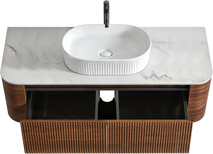 48" Preassembled Floating Bathroom Vanity with White Sink, Walnut | Mid-Century Modern Style, Fluted & Soft-Close Drawer with U-shaped Wall, Sinterted Stone Countertop, Towel Rack Included