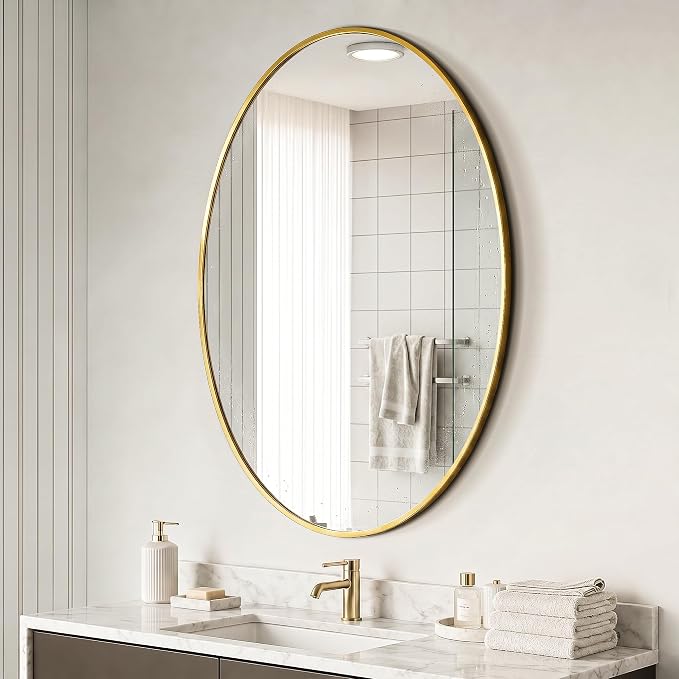 Oval Bathroom Mirror for Wall, 26"x38" Gold Bathroom Vanity Mirror | HD Shatterproof Glass, Metal Framed, Oval Vanity Mirrors for Bathroom, Bedroom, Living Room, Entryway, Horizontal or Vertical