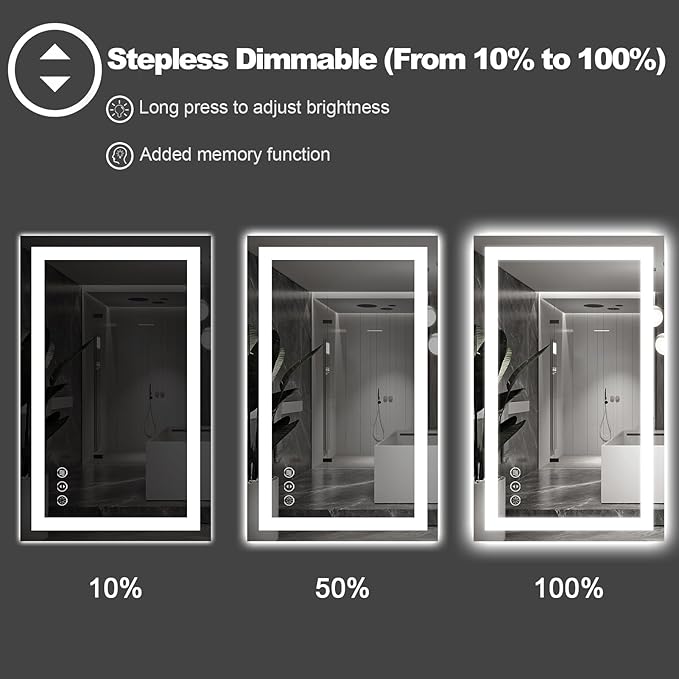 LED Mirror for Bathroom, 36"x30" with Front Light and Backlight | Stepless Dimmable, Anti-Fog, Shatter-Proof, HD Reflection, Memory, 3 Colors Lighting, UL Listed (Horizontal/Vertical).