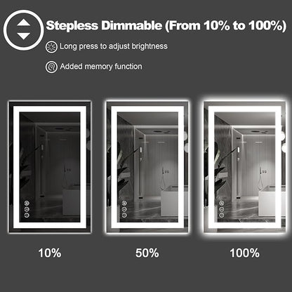 LED Bathroom Mirror, 28"X36" with Front Light and Backlit | Stepless Dimmable, Anti-Fog, Shatter-Proof, HD Reflection, Memory, 3 Colors Lighting, UL Listed (Horizontal/Vertical).