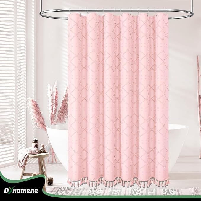 Extra Long Boho Fabric Shower Curtain Tufted Geometric 72x84 Pink | 84 Inch Tall, Elegant Tassel, Lightweight Textured Fabric, Water Repellent, Washable, Hotel Spa, for Bathroom/Dorm 12 Hooks