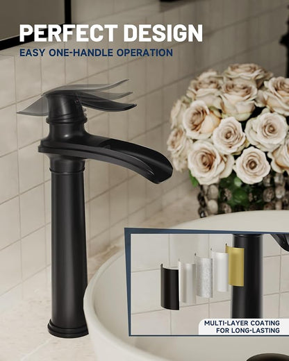Matte Black Vessel Sink Faucet Brass Waterfall Bathroom Faucet Single Hole | with Pop Up Drain Assembly and Supply Hoses, Single Handle Tall Bathroom Faucets Lavatory Vanity Mixer Tap by BATHLAVISH