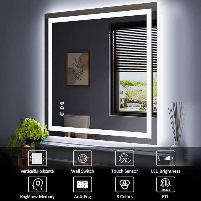 LED Mirror for Bathroom 40"X38" with Front Light and Backlit | Stepless Dimmable, Anti-Fog, Shatter-Proof, HD Reflection, Memory, 3 Colors Lighting, UL Listed (Horizontal/Vertical)