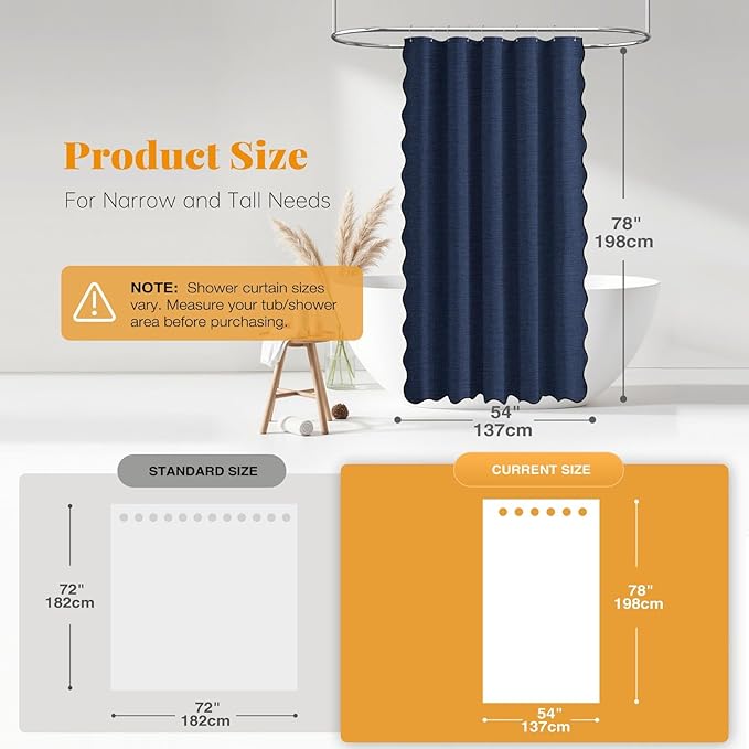 BTTN Stall Shower Curtain, 54x78 Boho Scalloped Linen Textured Thick Fabric Shower Curtain Set with 10 Plastic Hooks, Narrow Elegant Rustic Country Waterproof Shower Curtains for Bathroom, Navy Blue