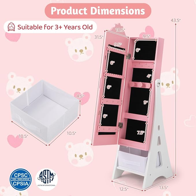 CHARMAID Kids Jewelry Cabinet - Standing Full Length Mirror With Storage, Ring Earring Necklace Organizer Box, Vanity Dressing Armoire for Girls (Pink)
