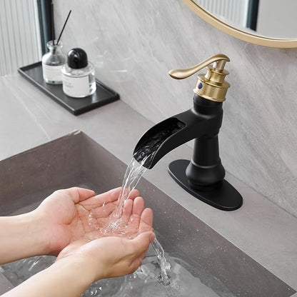 Waterfall Bathroom Sink Faucet Brushed Gold with Black | Single-Handle Single Hole, Deck Mounted, Includes Pop Up Drain with Overflow and Supply Lines Hose, Modern Farmhouse Decor