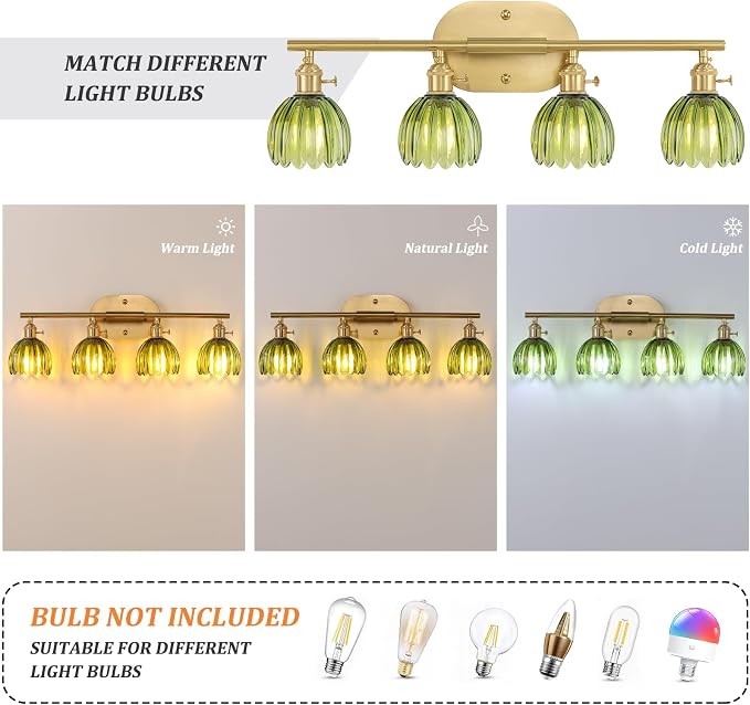 Shenmoyl Bathroom Light Fixtures, 4-Light Brass Vanity wall Light Over Mirror with Green Tulip Glass Shade for Bedroom Living Room (Bulb Not Included)