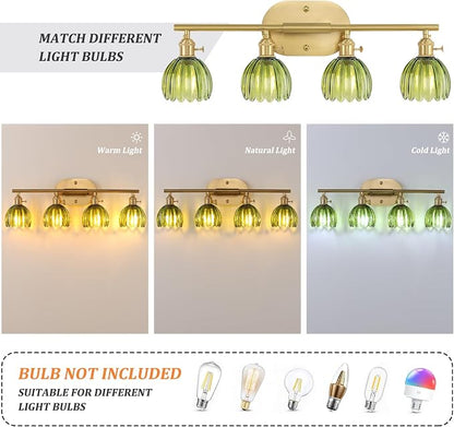 Shenmoyl Bathroom Light Fixtures, 4-Light Brass Vanity wall Light Over Mirror with Green Tulip Glass Shade for Bedroom Living Room (Bulb Not Included)