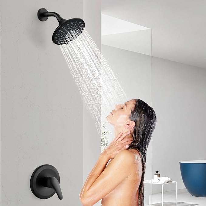 gotonovo Shower Faucet Set with Valve 6 Mode Rain Head Matte Black | Bathroom Shower Head and Handle Set Complete Combo,6 Mode Multi 6’’ ABS Rainfall Showerhead,Brass Valve Trim Kit,Wall Mount