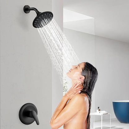gotonovo Shower Faucet Set with Valve 6 Mode Rain Head Matte Black | Bathroom Shower Head and Handle Set Complete Combo,6 Mode Multi 6’’ ABS Rainfall Showerhead,Brass Valve Trim Kit,Wall Mount