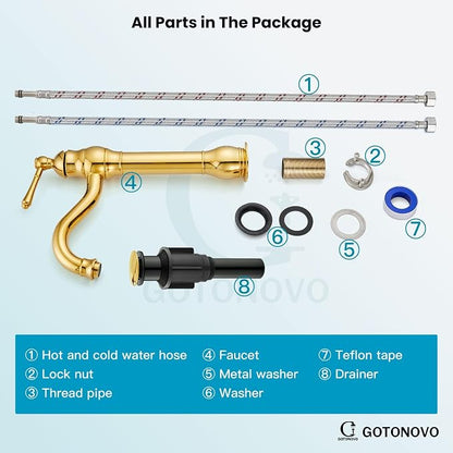 gotonovo Vintage Bathroom Vessel Sink Faucet, Polish Gold, with Drain | Tall Bathroom Faucet 1 Hole Single Handle, 360° Swivel Spout, cUPC Water Lines, Lead-Free, for Farmhouse Vanity Washbasin RV