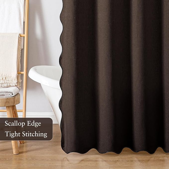 Linen Scallop Shower Curtain with 12 Clear Hooks, Waterproof, 72x72, Brown | Waterproof Heavy Duty Thick Fabric with Black Border, Minimalist Neutral Boho Farmhouse Bathroom Décor