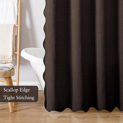 Linen Scallop Shower Curtain with 12 Clear Hooks, Waterproof, 72x72, Brown | Waterproof Heavy Duty Thick Fabric with Black Border, Minimalist Neutral Boho Farmhouse Bathroom Décor