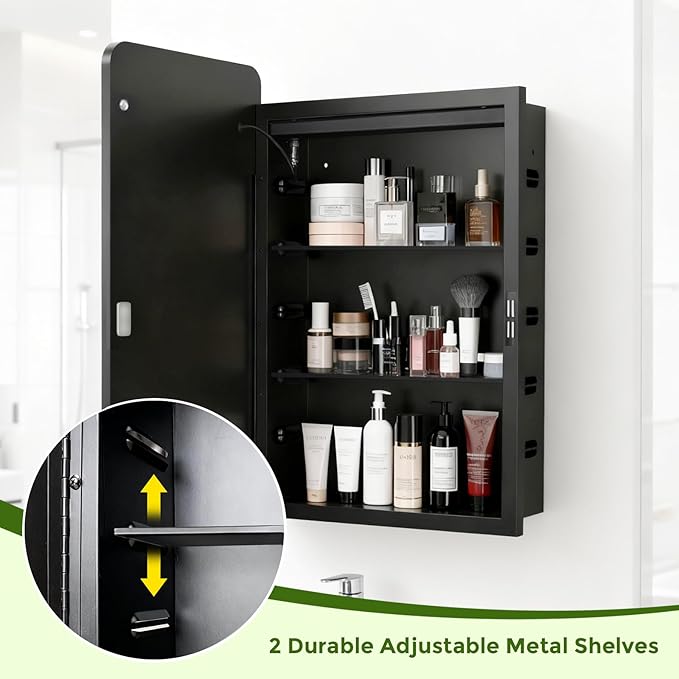 LED Medicine Cabinet Mirror for Bathroom 20x26 Inch, Recessed Medicine Cabinets with Lights, Anti-Fog Bathroom Mirror with Storage, Black Metal Frame, Adjustable Shelves, 3 Color Dimming