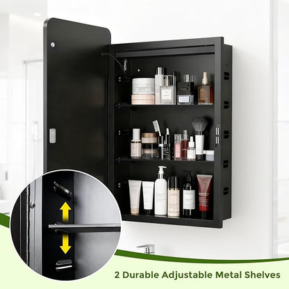 LED Medicine Cabinet Mirror for Bathroom 20x26 Inch, Recessed Medicine Cabinets with Lights, Anti-Fog Bathroom Mirror with Storage, Black Metal Frame, Adjustable Shelves, 3 Color Dimming