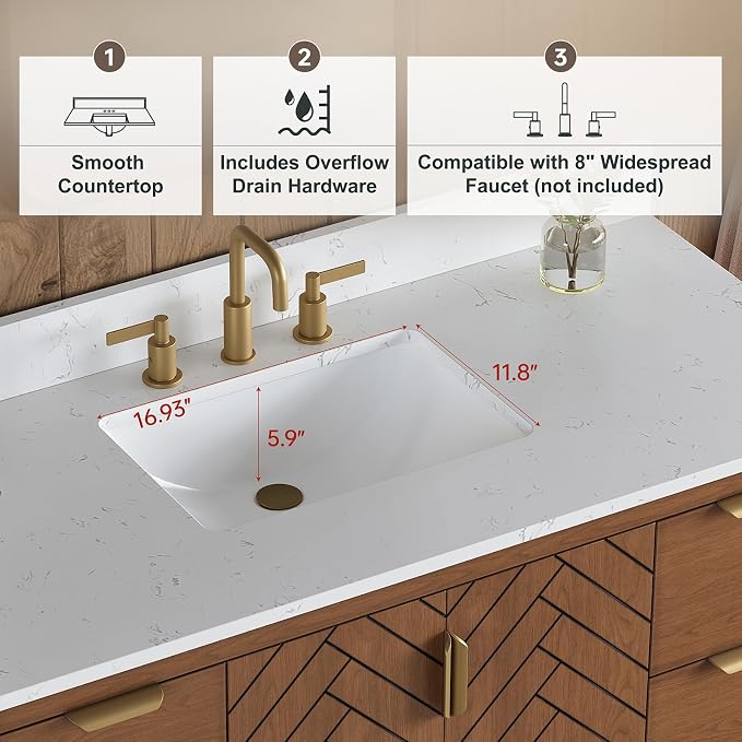 48" Walnut Bathroom Vanity with Sink, No Assembly Required | Solid Wood Bathroom Vanities with Soft Close Doors & Dovetail Drawers, Modern Bathroom Sink Cabinet, 0.78" Stone Top