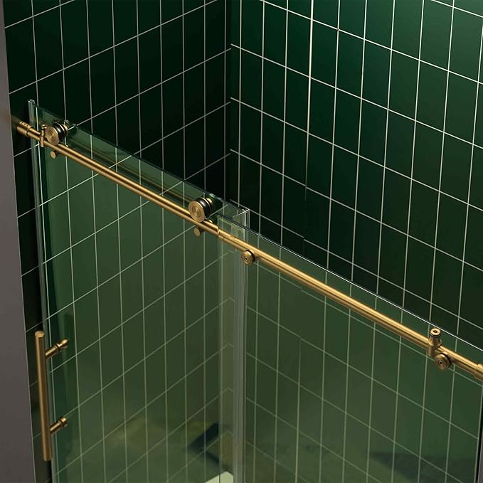 Woodbridge 56-60" W x 80" H Frameless Single Sliding Shower Door with Tempered Glass & Explosion Proof Film in Brushed Gold Finish