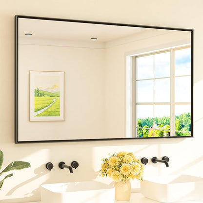 Matte Black Beveled Framed Bathroom Mirror 60" x 36" Large Black Rectangle Metal Vanity Wall Mirror for Bathroom Sink, Modern Farmhouse, Tempered Glass, Shatterproof, Stronger Frame