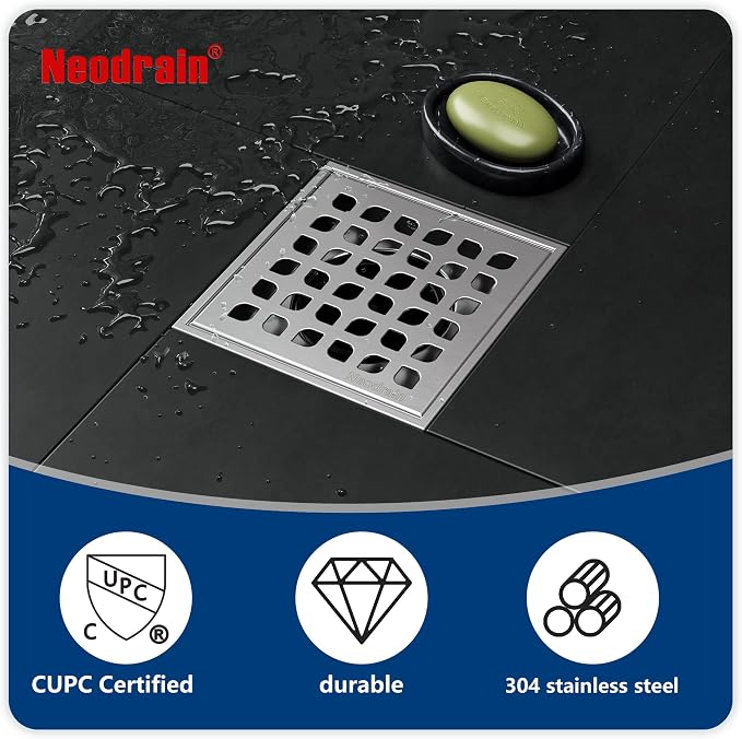 Neodrain 4" Brushed Square Shower Drain with Removable Grate & Drain Key | 304 Stainless Steel Floor Drain , PVC Bonding Flange Base with Anti-Wicking Fabric, for Low Profile Shower Pan
