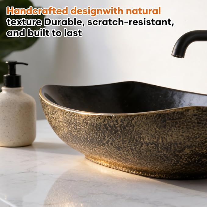 Vessel Sink 22"X16" Round Bathroom Sinks Above Counter, Countertop Bathroom Vessel Sinks, Black Modern Ceramic Vanity Sink