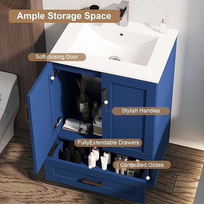 24 inch Bathroom Vanity with Sink, Modern Blue Vanity for Bathroom with Undermount Ceramic Sink, Freestanding 2-Door & 1-Drawer Storage Cabinet, for Small Bathroom Space, (Blue, 24")