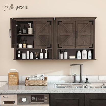 HollyHOME Bathroom Wall Cabinet, Farmhouse Barn Door Wood Medicine Cabinet with Adjustable Shelves, Wall-Mounted Over-The-Toilet Storage, Dark Brown