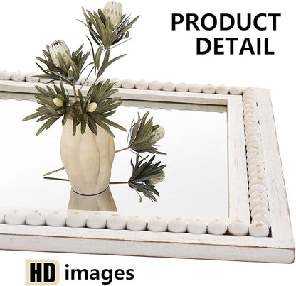 H HOMEWINS Rustic Wooden Mirror, 24x36 Inch Farmhouse Boho Bathroom Rectangle Nursery White Beads Decor Wall-Mounted Mirror for Bedroom, Living Room,Vanity,Entryway,Over Sink
