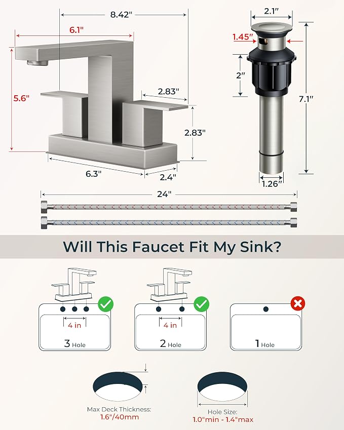 QFN 4 Inch Centerset Bathroom Faucet 2 or 3 Hole Two Handles Brushed Nickel | Bathroom Sink Faucet Square with Pop-up Drain and 24" cUPC Supply Lines, Lead-Free for RV Vanity Laundry Farmhouse Sink