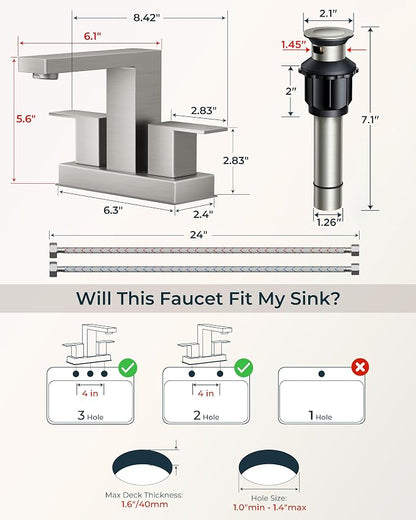 QFN 4 Inch Centerset Bathroom Faucet 2 or 3 Hole Two Handles Brushed Nickel | Bathroom Sink Faucet Square with Pop-up Drain and 24" cUPC Supply Lines, Lead-Free for RV Vanity Laundry Farmhouse Sink