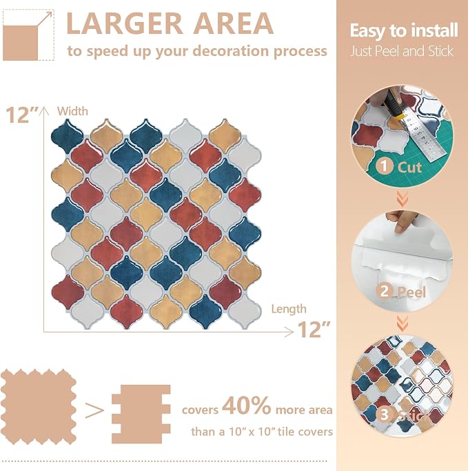 STICKGOO Arabesque Peel and Stick Backsplash, 12”X12” Backsplash Tile for Kitchen Peel and Stick, Self Adhesive Wall Tile Stick on Tiles (Moroccan Multi-Color)